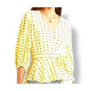 Ganni Womens Yellow Flower Top Self-Tie Front Crewneck Blouse Size 32 (Small)